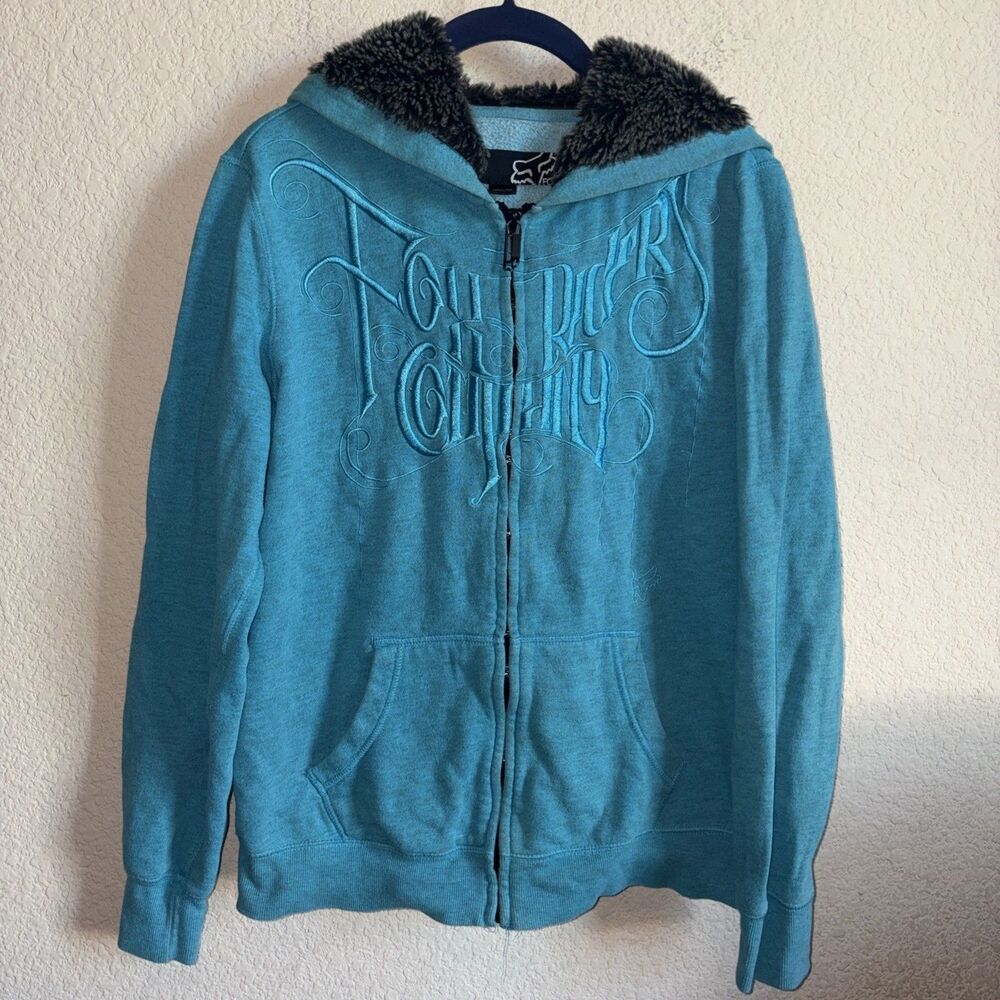 Y2K Fox Racing Hoodie Sherpa Faux Fur Women L Blue Moto Embroidered MX Dirtbike